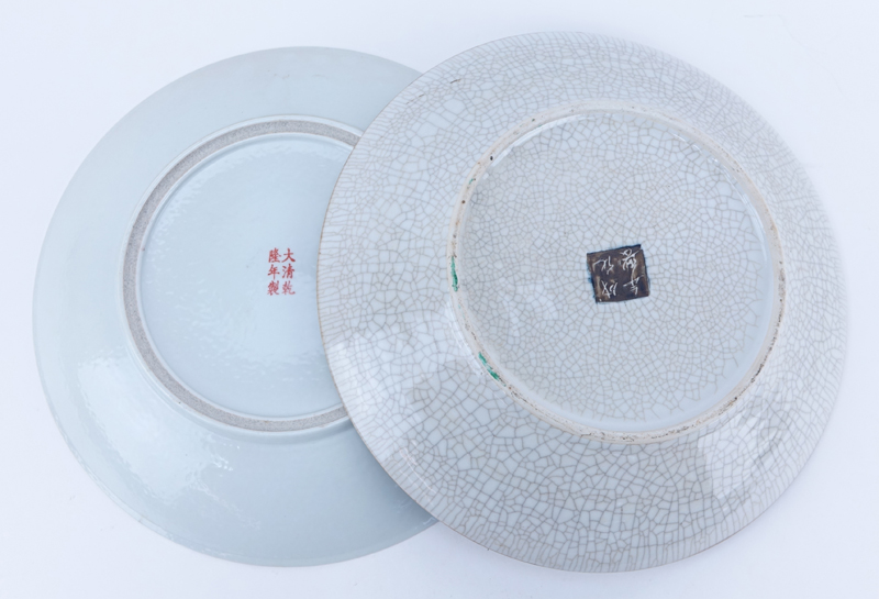 Chinese 1000 Flower Porcelain Charger and a Japanese Crackle Glaze Charger Featuring Soldiers