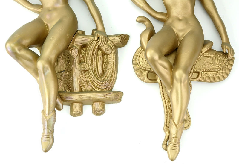 Pair Mid-Century Metal Pin-Up Nude Cowgirl Hanging Sculptures