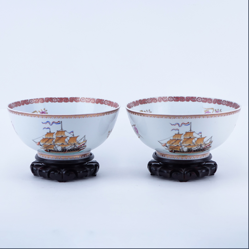 Pair 19/20th Century Chinese Export Hand Painted Porcelain Bowls On Stands