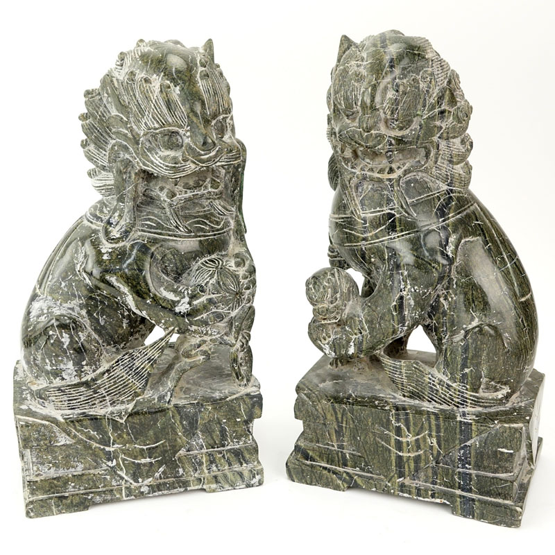 Pair Of 20th Century Chinese Carved Marble Foo Dogs