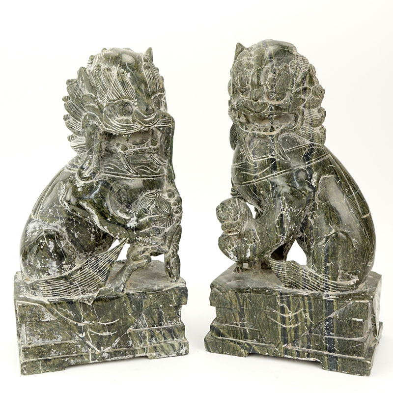 Pair Of 20th Century Chinese Carved Marble Foo Dogs