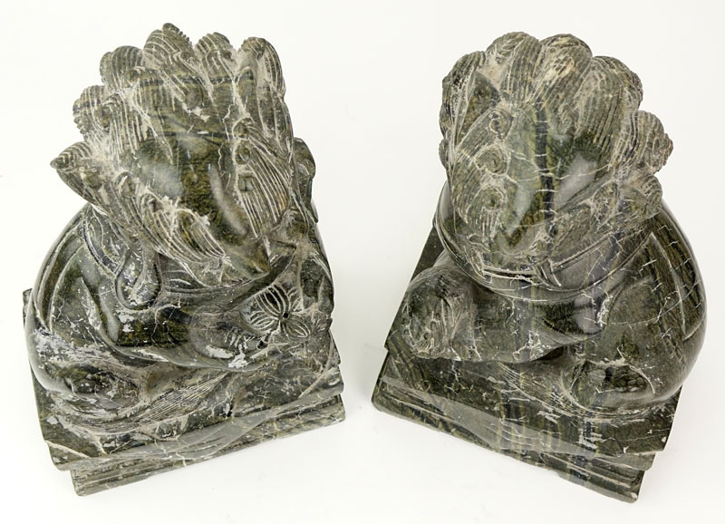 Pair Of 20th Century Chinese Carved Marble Foo Dogs