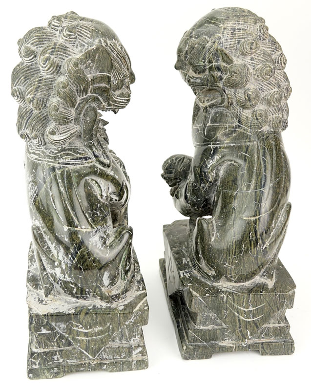 Pair Of 20th Century Chinese Carved Marble Foo Dogs