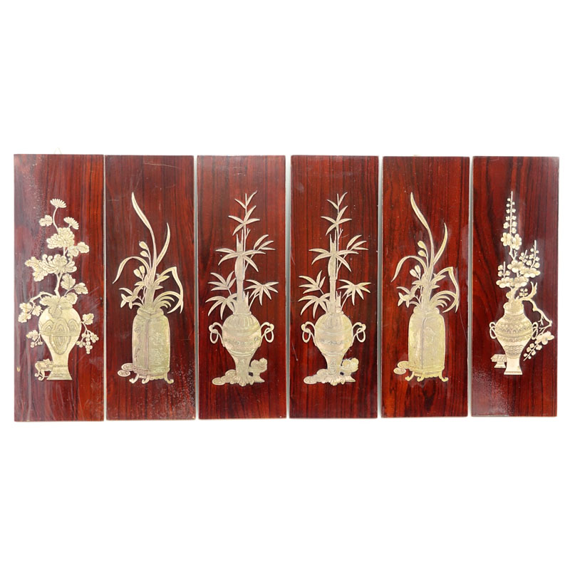 Set of Six (6) Vintage Asian Decorative Wood Panels With Inset Brass Flowers in urns motifs