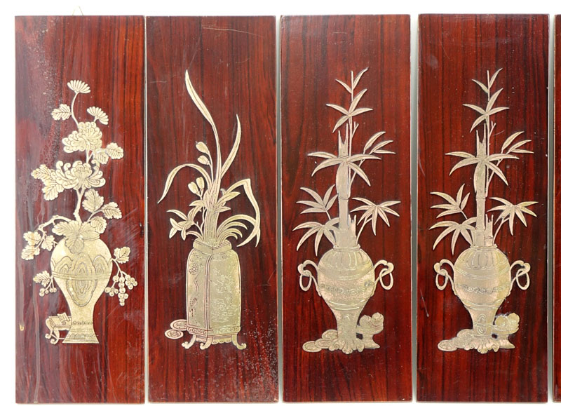 Set of Six (6) Vintage Asian Decorative Wood Panels With Inset Brass Flowers in urns motifs