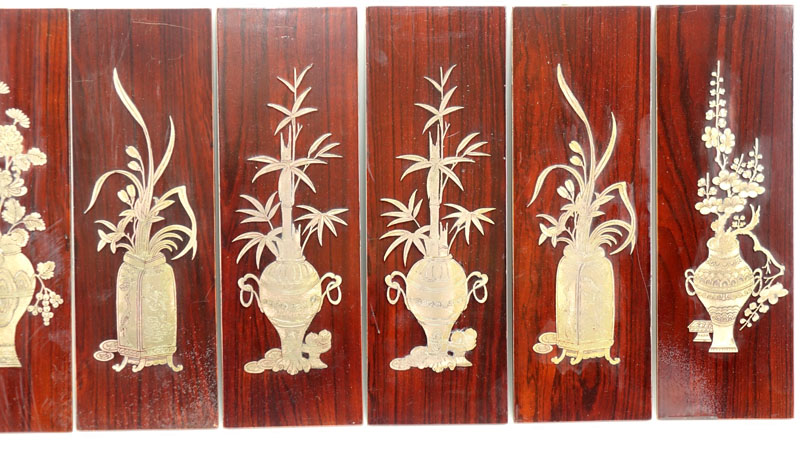 Set of Six (6) Vintage Asian Decorative Wood Panels With Inset Brass Flowers in urns motifs