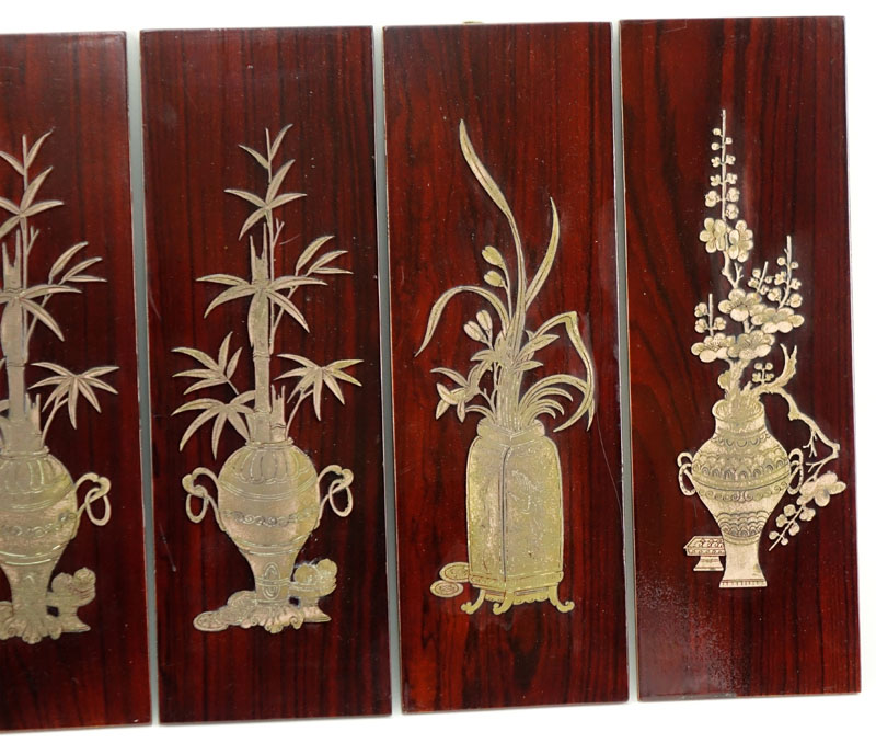 Set of Six (6) Vintage Asian Decorative Wood Panels With Inset Brass Flowers in urns motifs