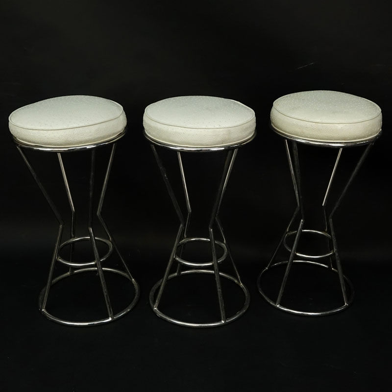 Set of Three (3) Modern Chrome and Faux Ostrich Upholstered Stools