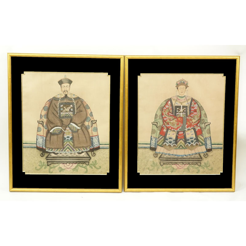 Pair Chinese Watercolors On Silk "Emperor & Empress"