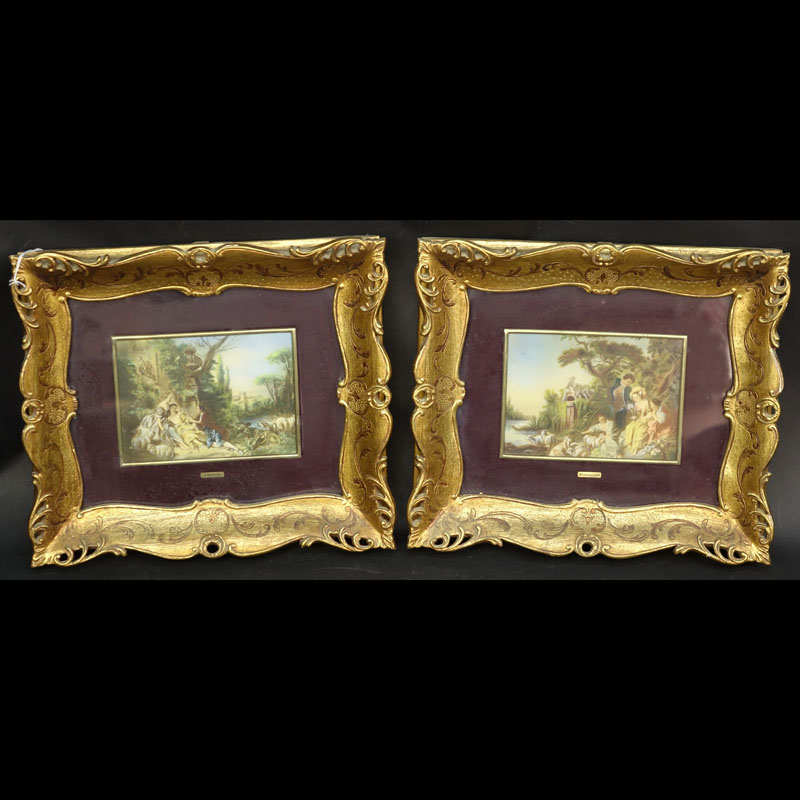 Pair Mid-Century Italian Hand Painted Miniature Paintings On Celluloid