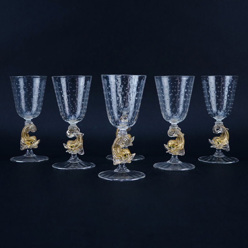 Six (6) Hand Blown Venetian Murano Art Glass Dolphin Stemware