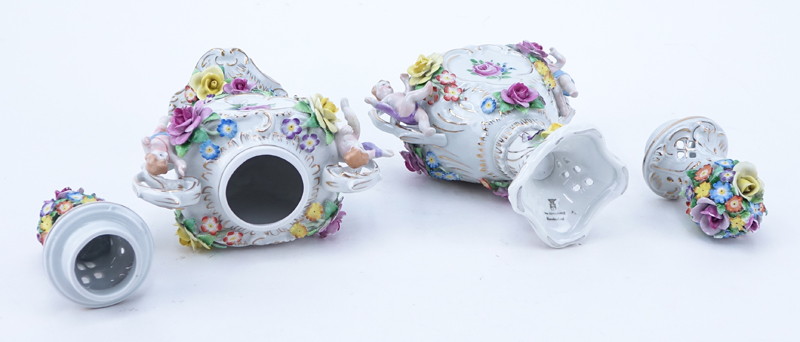 Pair Vintage Miniature Schierholz Porcelain Cherub Urns