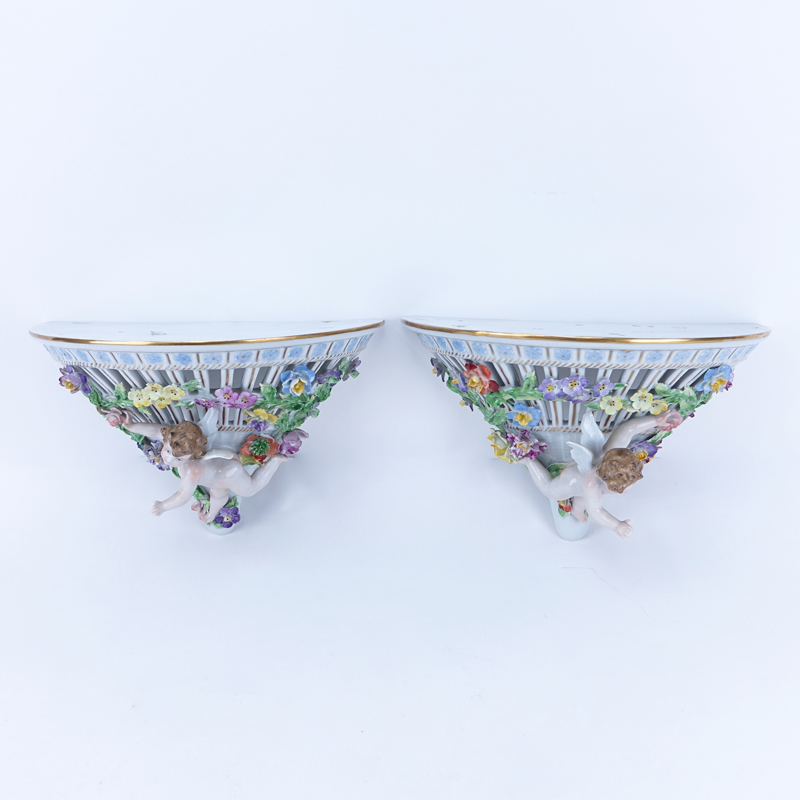 Pair of Dresden Hand Painted Porcelain Putti Figural Wall Brackets/Sconces by Carl Thieme