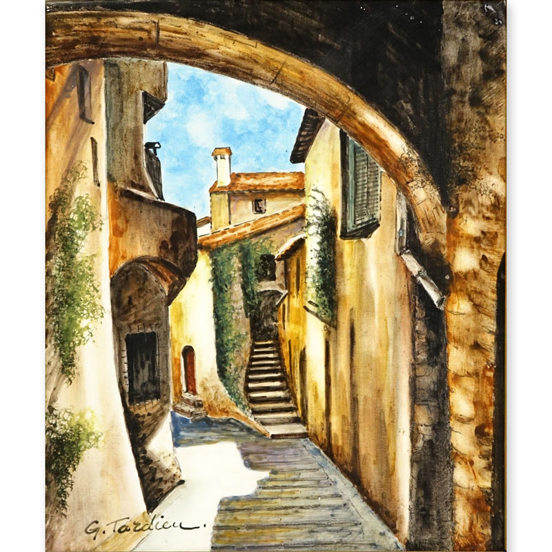 Georges Tardieu, (b.1927- ) Painting on porcelain "Street In Biot".