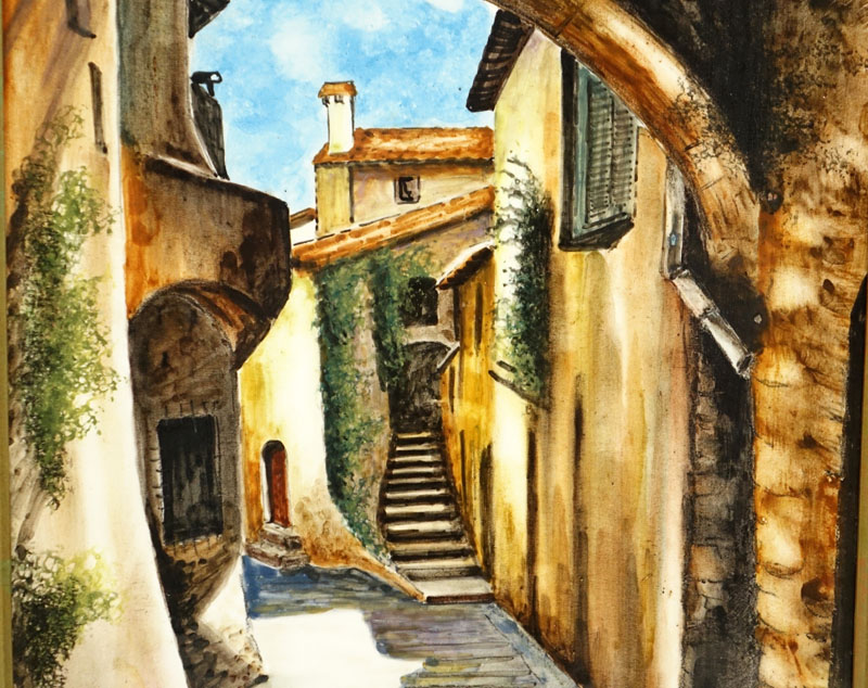 Georges Tardieu, (b.1927- ) Painting on porcelain "Street In Biot".