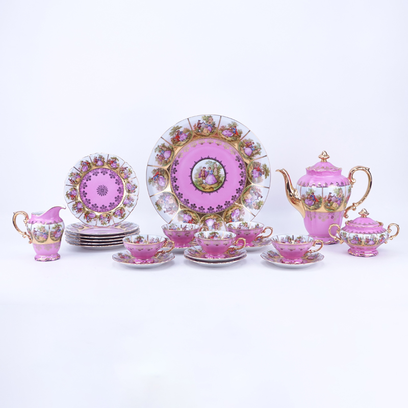 Twenty One (21) Piece JKW Carlsbad German Vienna Style Hand Painted and Gilt Porcelain Tea Service