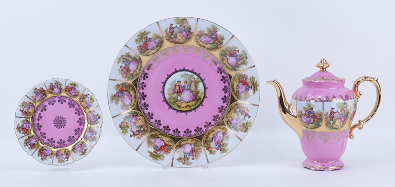 Twenty One (21) Piece JKW Carlsbad German Vienna Style Hand Painted and Gilt Porcelain Tea Service