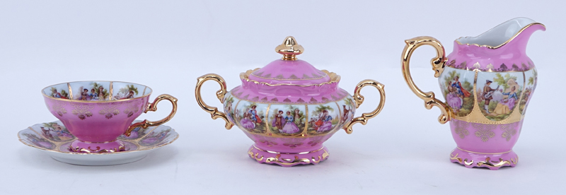 Twenty One (21) Piece JKW Carlsbad German Vienna Style Hand Painted and Gilt Porcelain Tea Service