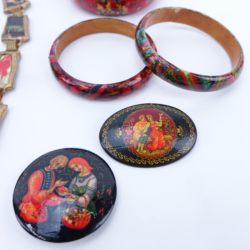 Collection of Nine (9) Vintage Russian Lacquer Costume Jewelry