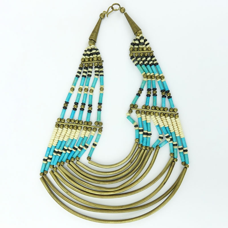 African Multi Strand Brass and Beaded Tribal Necklace