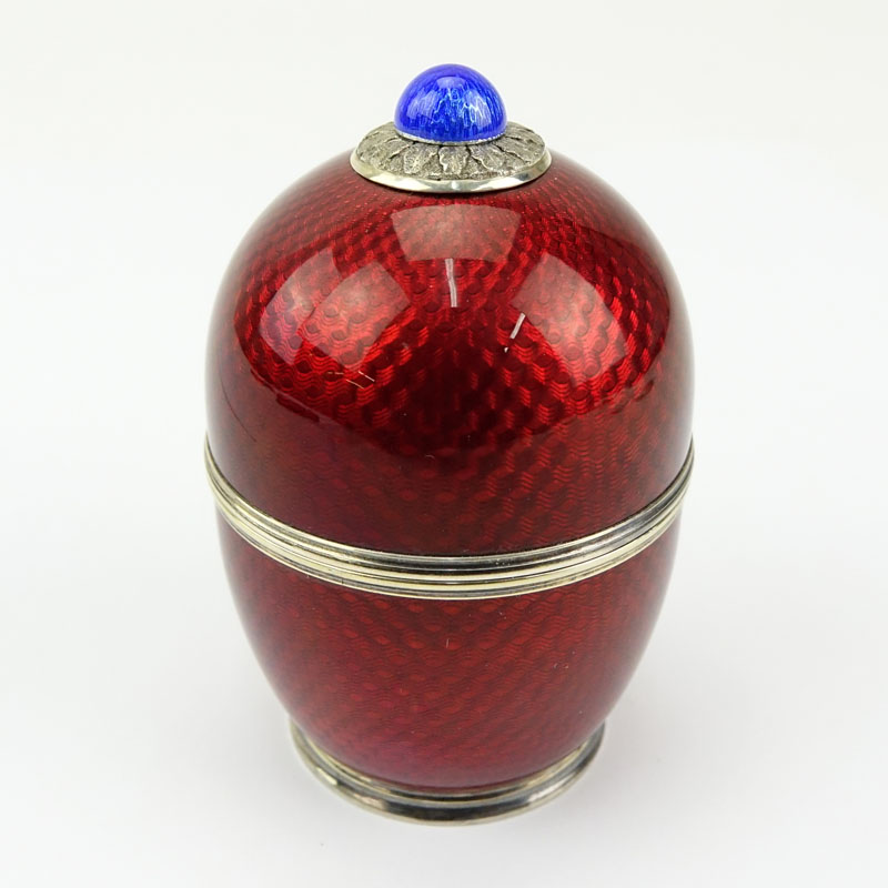 Russian Faberge 88 Silver, Guilloche Enamel, Opalescent White Enamel, Seed Pearl and Amethyst Perfume Bottle