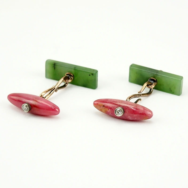 Russian Faberge Jade, Rhodonite, Diamond and 56 (14K) Pink Gold Cufflinks