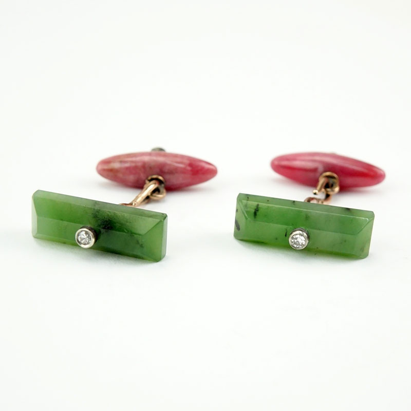 Russian Faberge Jade, Rhodonite, Diamond and 56 (14K) Pink Gold Cufflinks