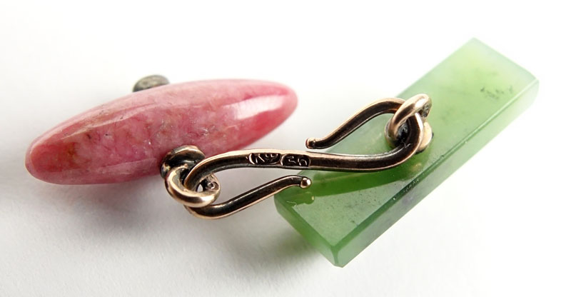 Russian Faberge Jade, Rhodonite, Diamond and 56 (14K) Pink Gold Cufflinks