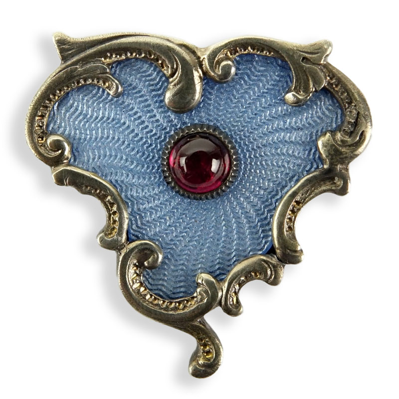 Russian Faberge 58 Silver, Guilloche Enamel and Cabochon Garnet Brooch