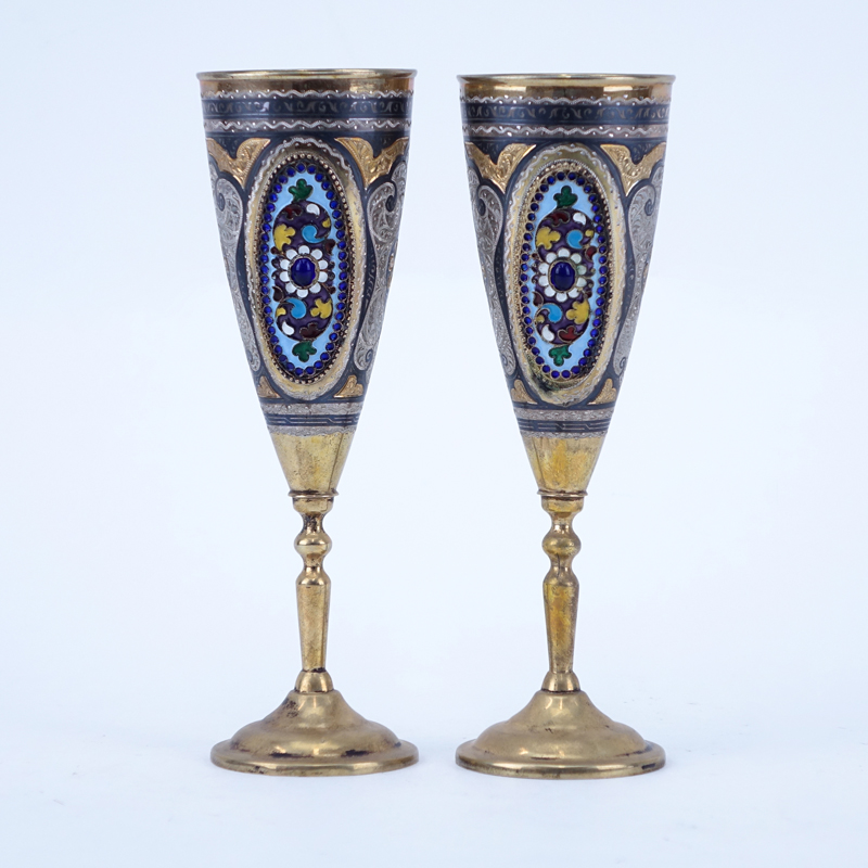 Pair of Russian 875 Silver and Enamel Cups