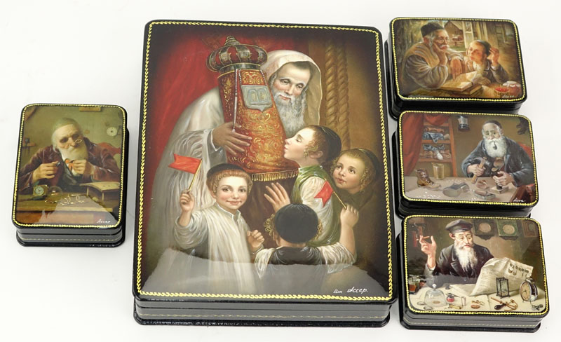 Large Russian Lacquer Box with Four (4) Smaller Boxes Inside