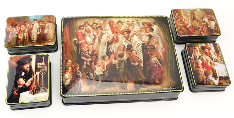 Large Russian Lacquer Box with Four (4) Smaller Boxes Inside