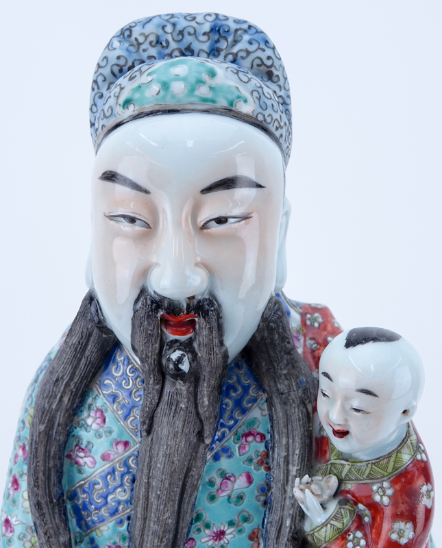 Large Chinese Famille Rose Porcelain Immortal with Child Figurine