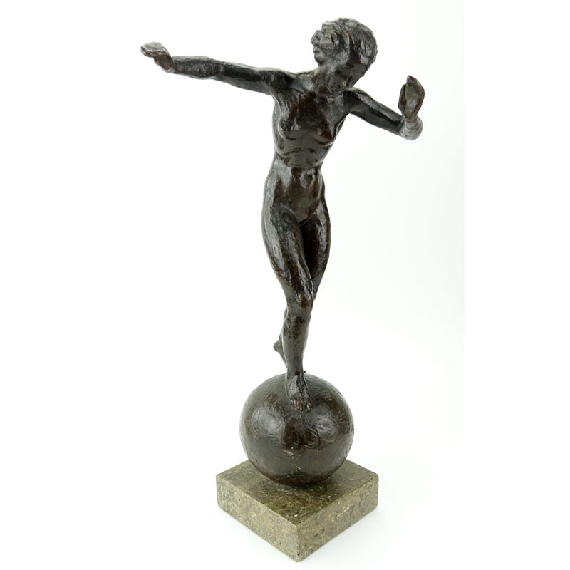 Art Deco Bronze Figural Sculpture "Girl On Orb" On Marble Base