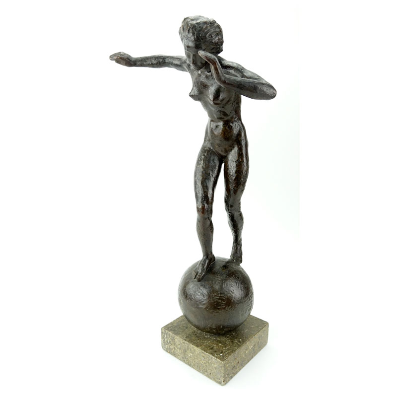 Art Deco Bronze Figural Sculpture "Girl On Orb" On Marble Base
