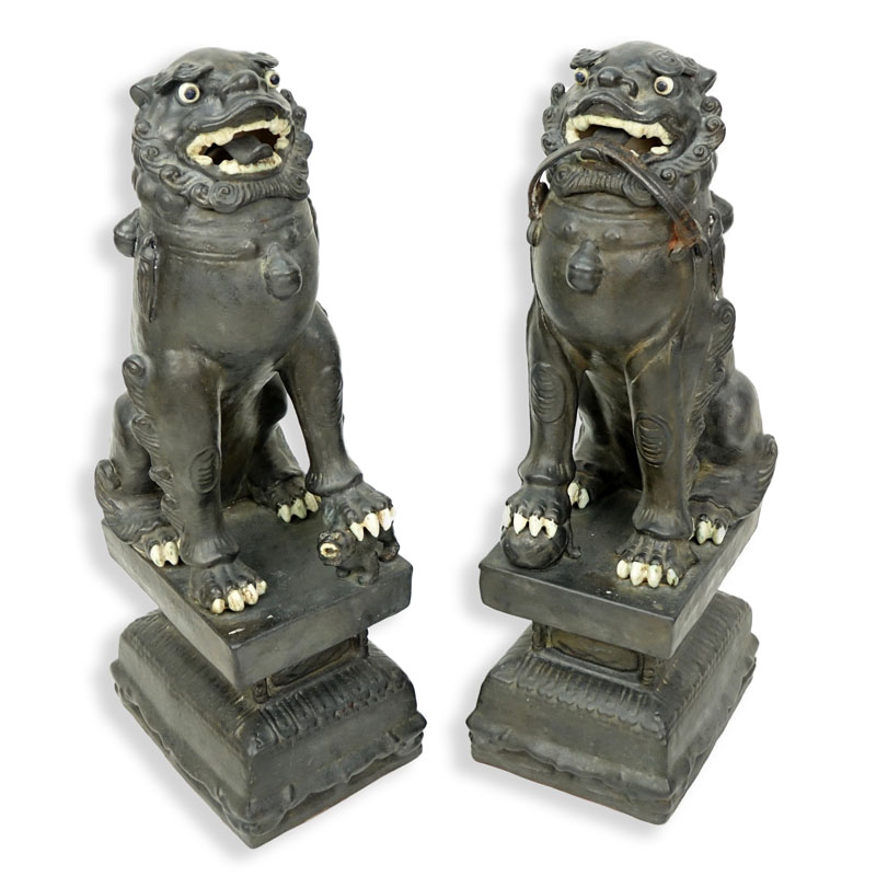 Pair of Modern Chinese Polychrome Pottery Foo Dogs