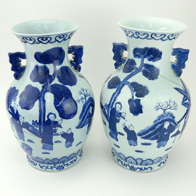 Pair of Mid Century Blue and White Chinoiserie Porcelain Vases