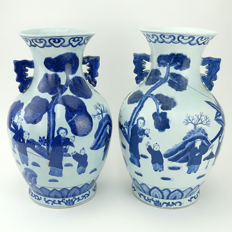 Pair of Mid Century Blue and White Chinoiserie Porcelain Vases