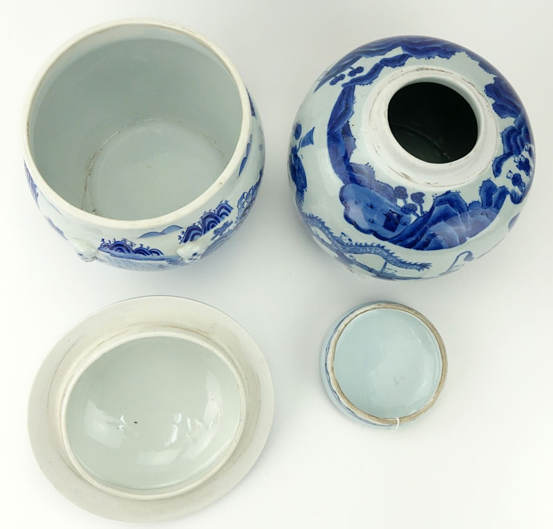 Two (2) Mid Century Blue and White Chinoiserie Porcelain Covered Jars