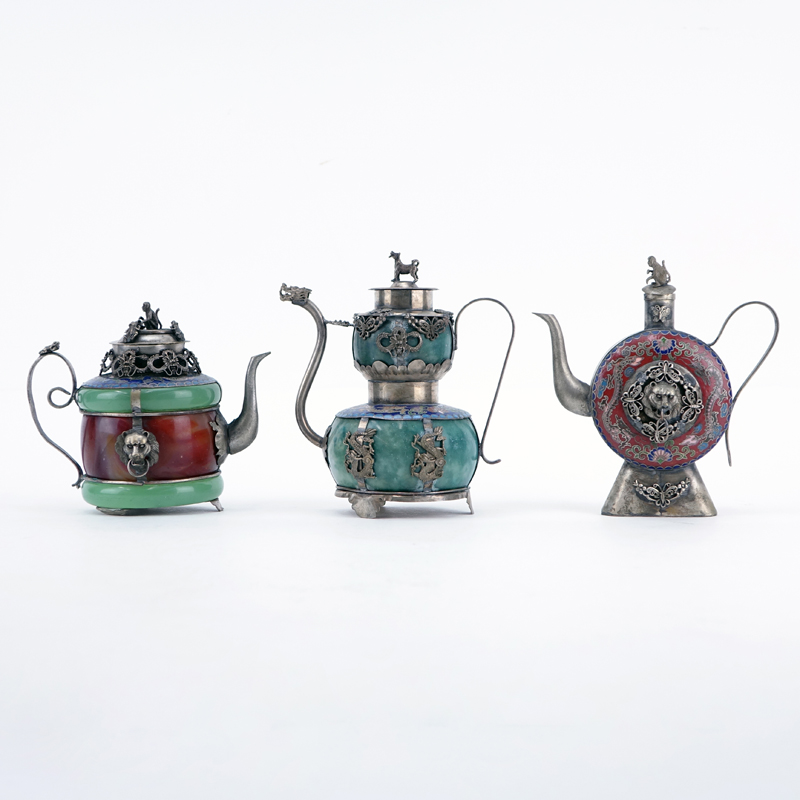 Three (3) Vintage Chinese White Metal, Carnelian, Jade, Hardstone and Enamel Water Droppers