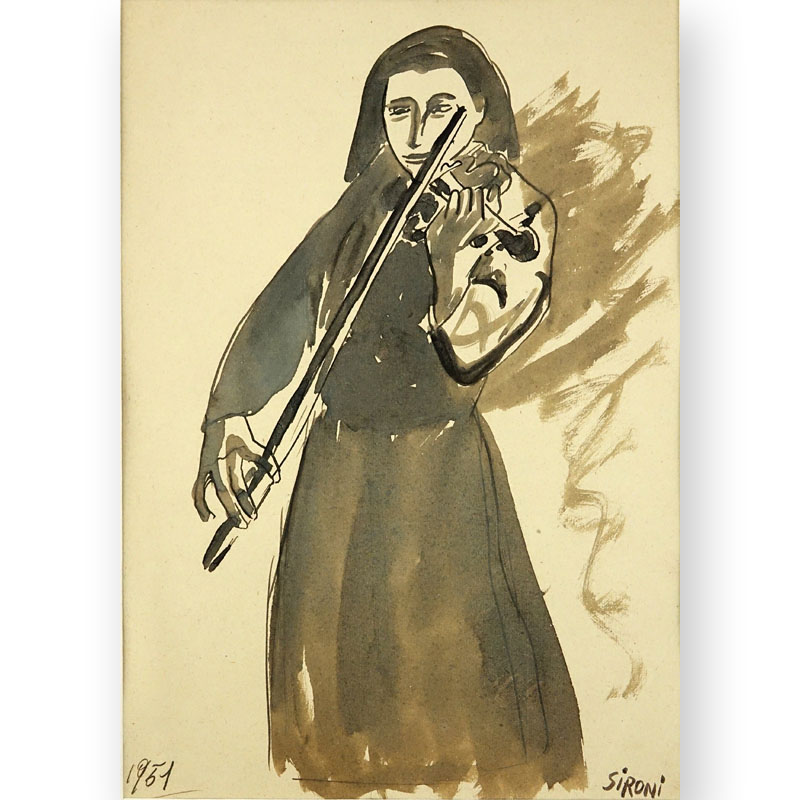 Attributed to: Mario Sironi, Italian (1885 - 1961) Ink and wash on paper "Violinist"