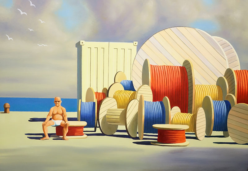 After: Jeffrey Smart, Australian (1921-2013) Oil on Canvas, Man with Cable Spools