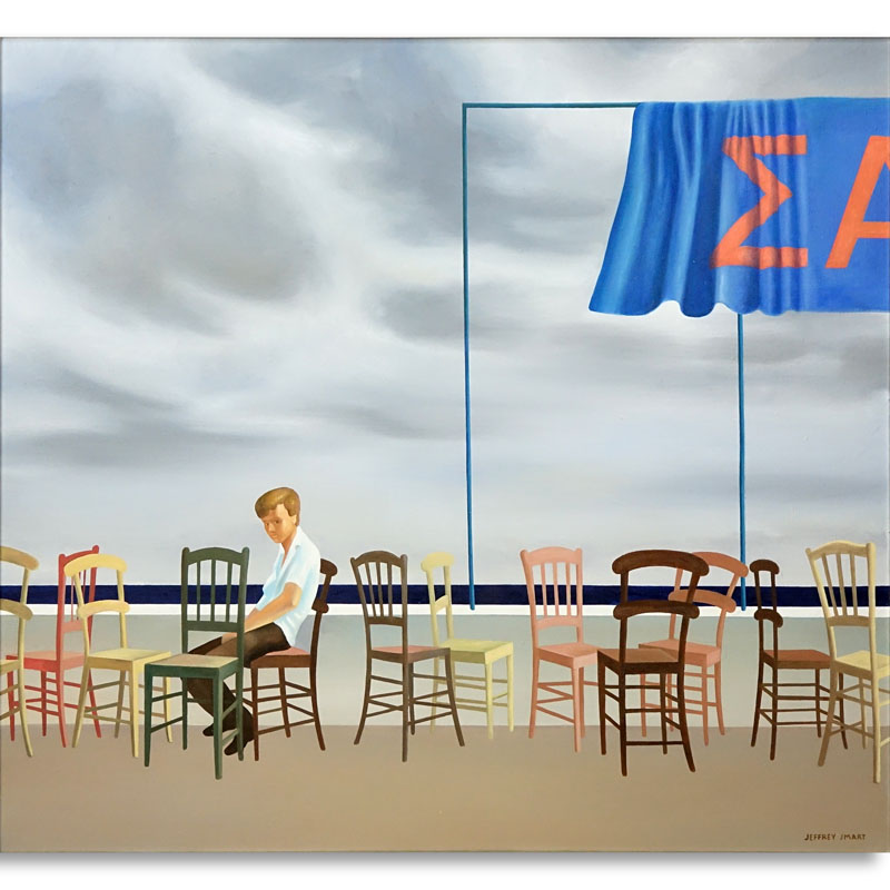 After: Jeffrey Smart, Australian (1921-2013) Oil on Canvas, Man with Chairs