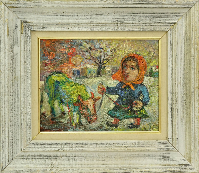 David Burliuk, Ukrainian/American (1882- 1967) "Woman with a Cow" Oil on Canvas Signed Lower Left