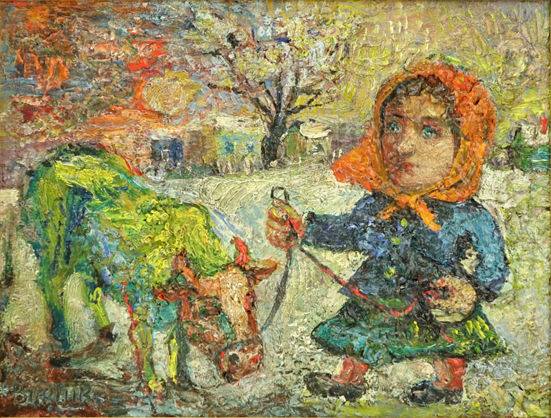 David Burliuk, Ukrainian/American (1882- 1967) "Woman with a Cow" Oil on Canvas Signed Lower Left