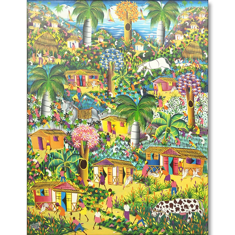 Edouard P., Haitian (20th C.) Oil on Linen "Village Scene"