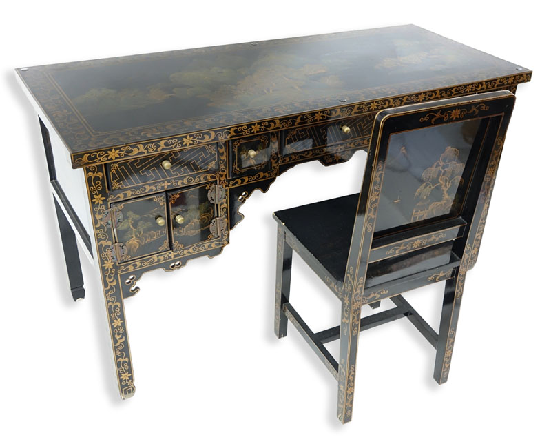 Mid Century Modern Chinese Black Lacquer and Painted Desk with Chair