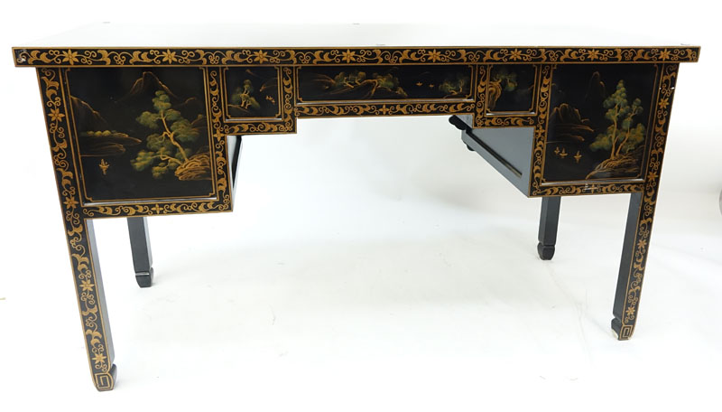 Mid Century Modern Chinese Black Lacquer and Painted Desk with Chair