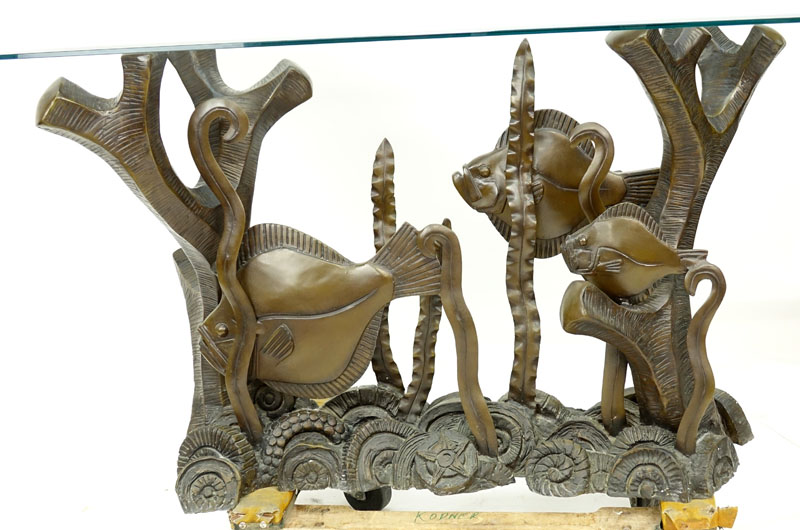 A Bronze Sea Life Figural Glass Top Console Table