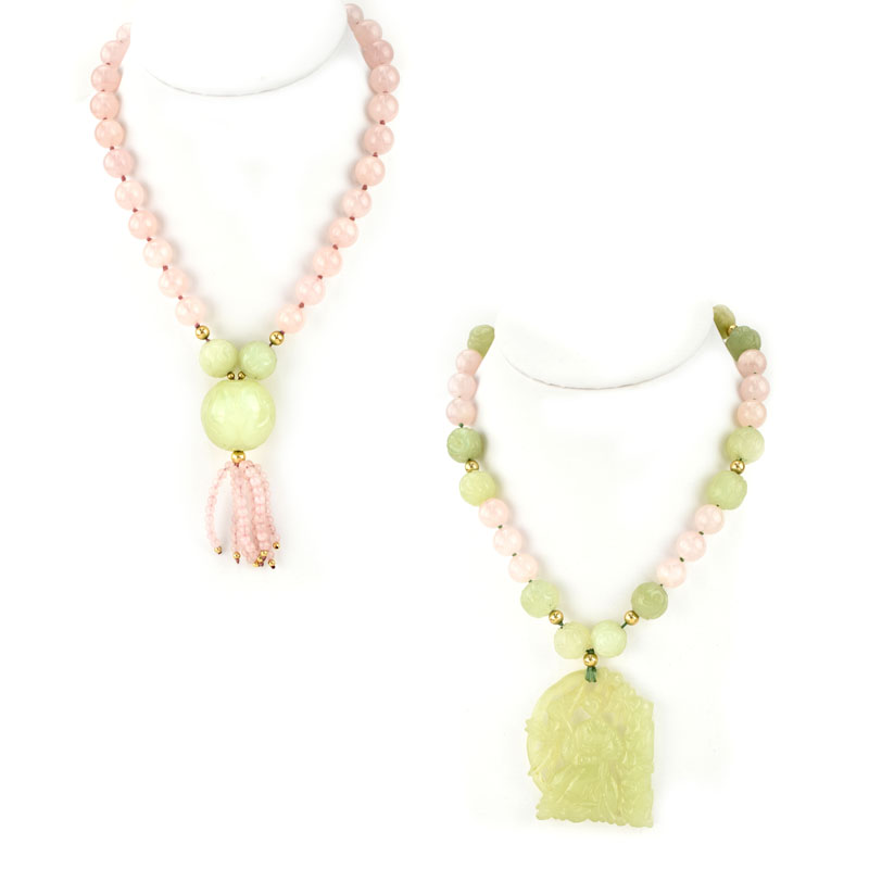 Two (2) Vintage Carved Jade and Rose Quartz Beaded Necklaces